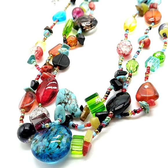 Triple Strand Turquoise Stone and Multicolor Glass Acrylic & Seed Bead Necklace - Picture 6 of 11